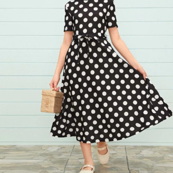SHEIN Other - Girls Mock-Neck Self-Belted Polka Dot Dress Size:11/12 Color: Black and White